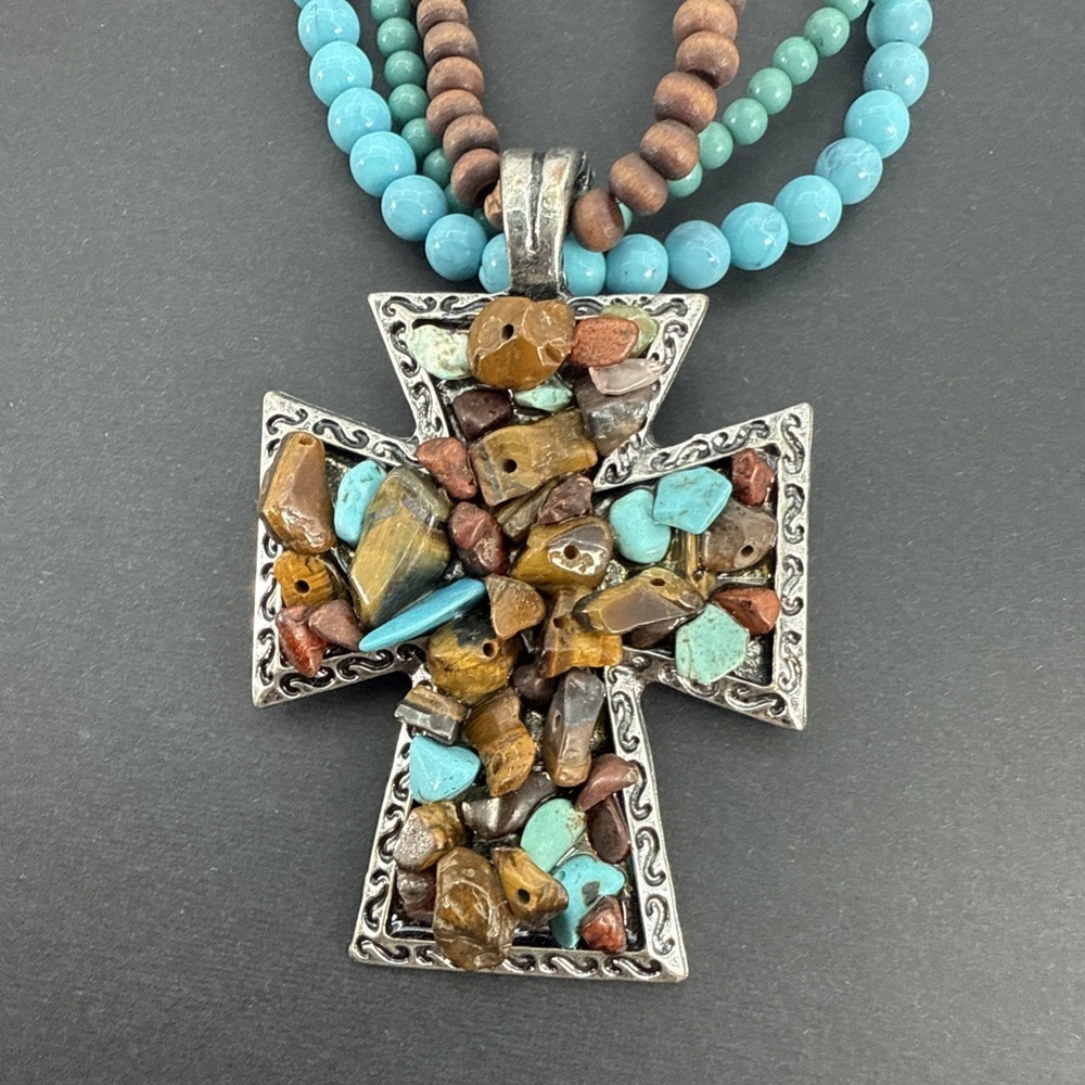 Vintage Southwestern Cross Pendant Necklace Turquoise Tiger Eye Jasper Stones - Picture 12 of 12